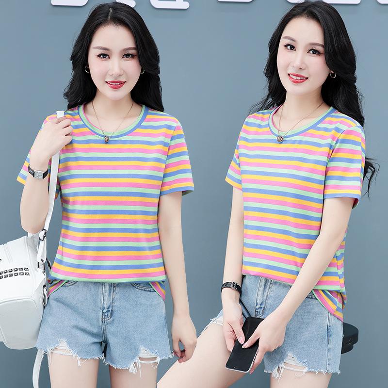 Women's Summer Round Neck Striped Cotton T-Shirt: Colorful, Casual, Loose, Age-Reducing, Slimming Design.