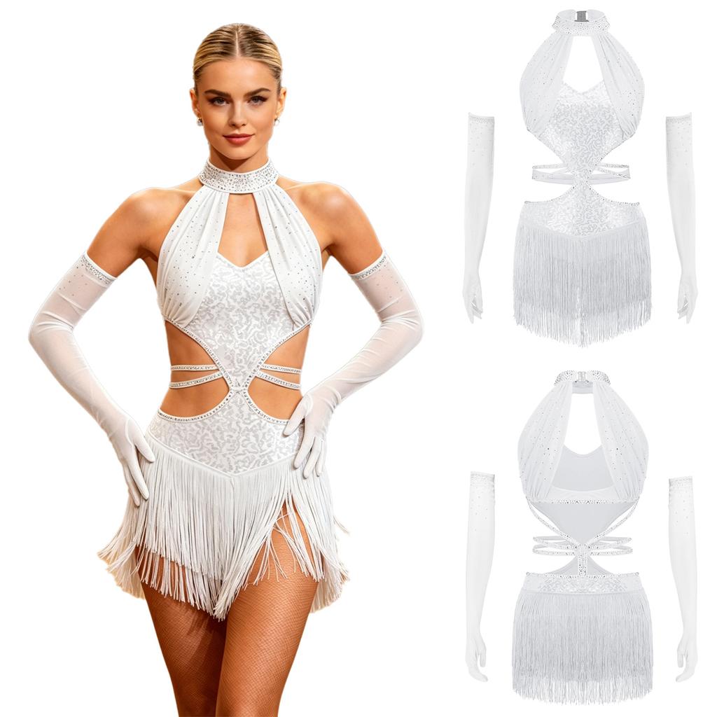 S-3XL Vestito da Danza Latina da Donna con Frange, Guanti Lunghi, Cut-out, Senza Maniche, Spalline Incrociate in Vita, Orlo con Nappe, Paillettes per Gara/Esibizione