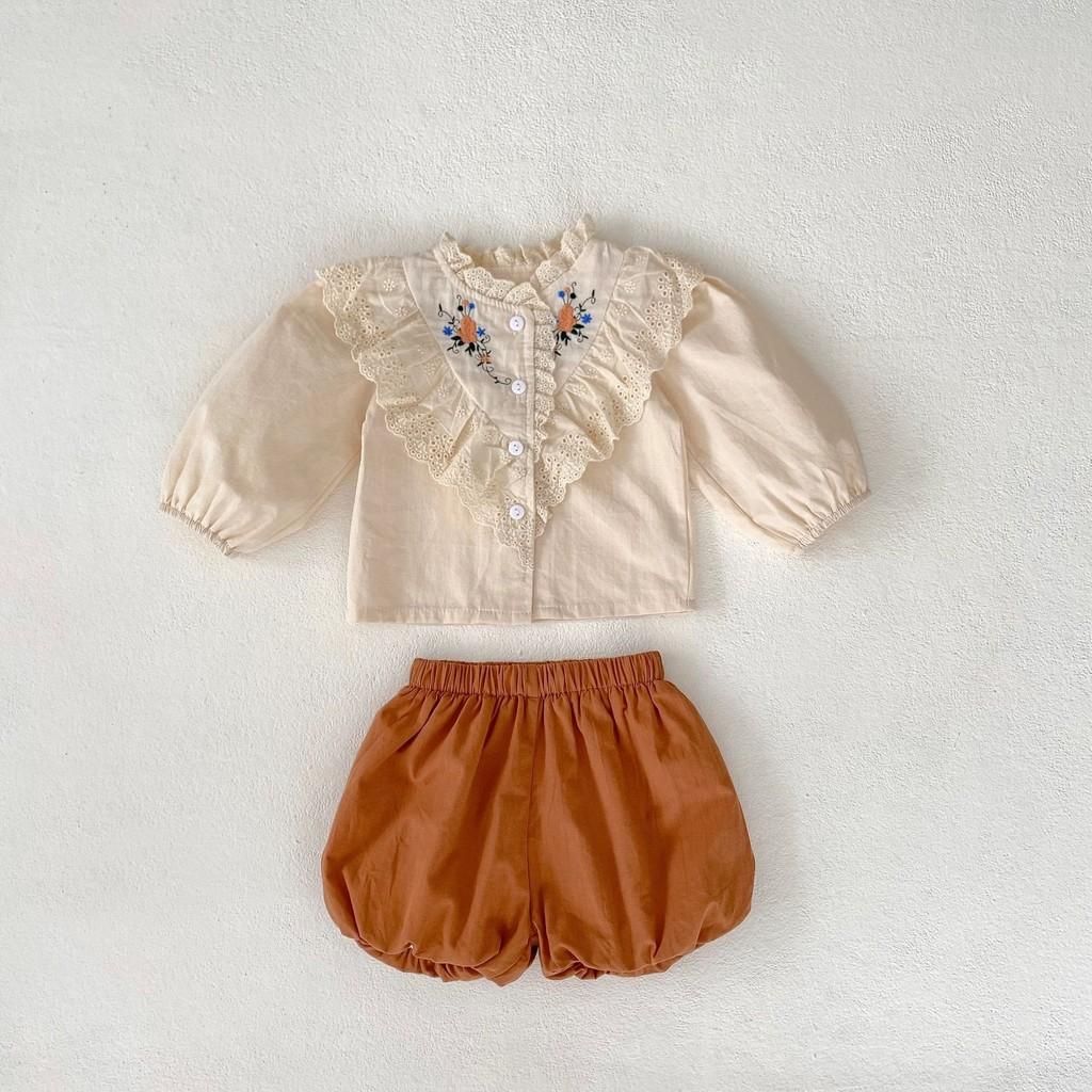 

Stylish Baby Girl 0-3 Years Floral Lace Long Sleeve Top And Comfortable Solid Color Shorts Set For Everyday Spring Fashion 66cm/25.98in