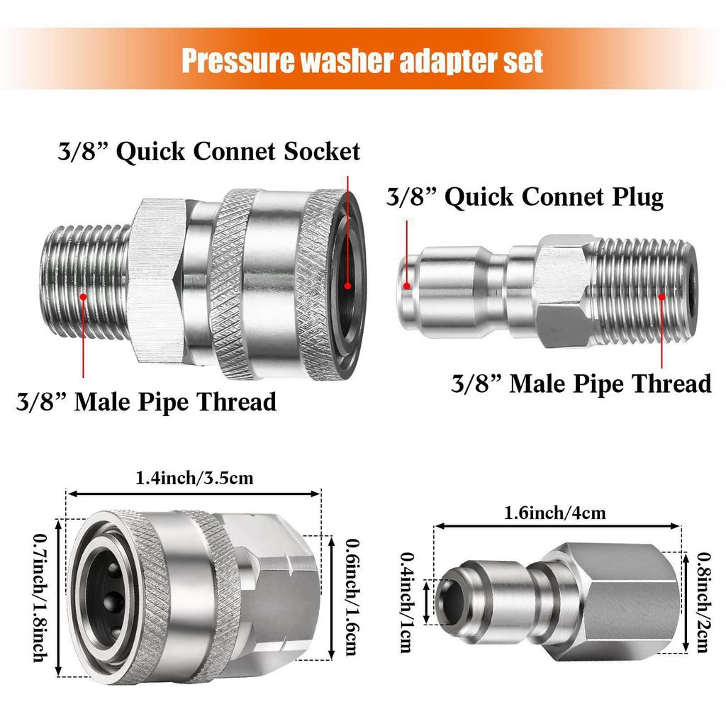 Stainless Steel NPT 3/8 Quick Connect Adapter Set for Pressure Washer and PA Bottle