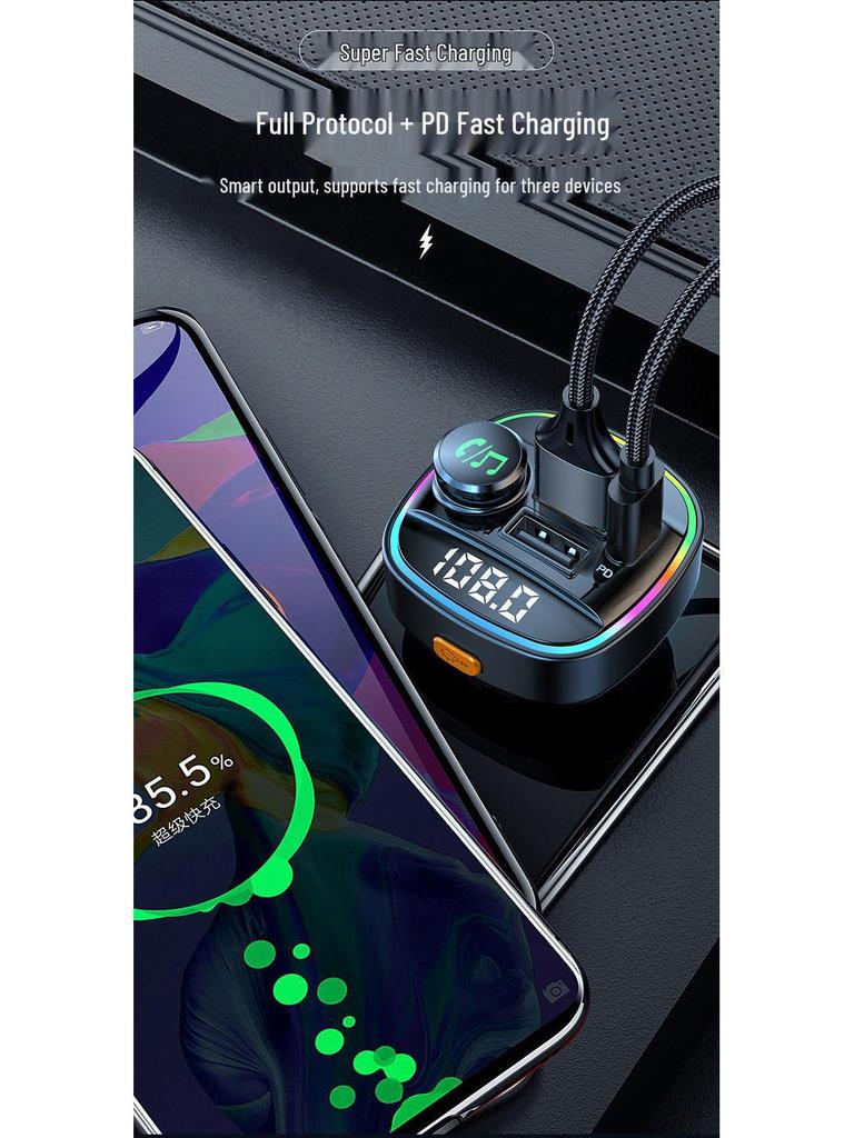 Bluetooth Car MP3 Player with Dual Display, Voltage Detection, and Super PD Fast Charging Cigarette Lighter Adapter