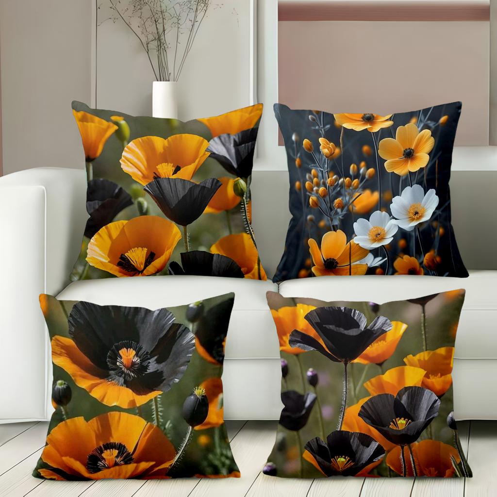 Floral Patterned Throw Pillows Orange Black Flowers Polyester pillowcase, sofa decorative cushion cov Headboard Pillow