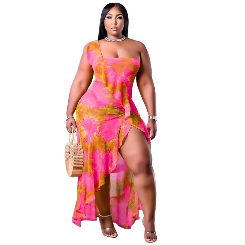 Plus Size Pink Orange Tie Dye One Shoulder Ruffle Split Maxi Dress L