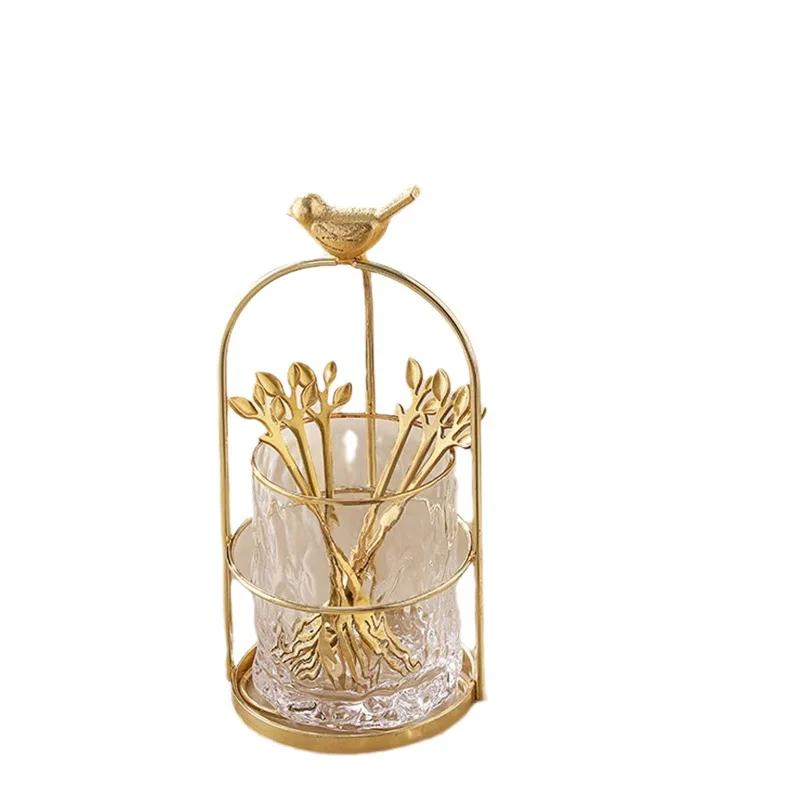 Creative Golden Bird Stainless Steel Fruit Fork Shelf Home Dessert Fruit Fork Spoon Storage Jar Glacier Glass Storage Bottle New