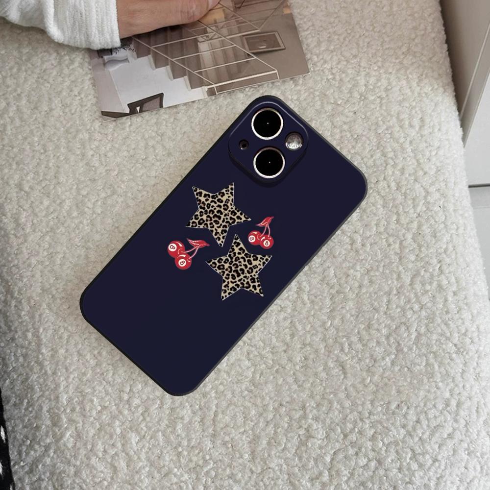 Leopard Print Cherry Star Phone Case FOR IPhone 15 Pro Max 14 11 12 Pro 15 16 Plus 13 Pro MAX XR XS Black Soft Covers