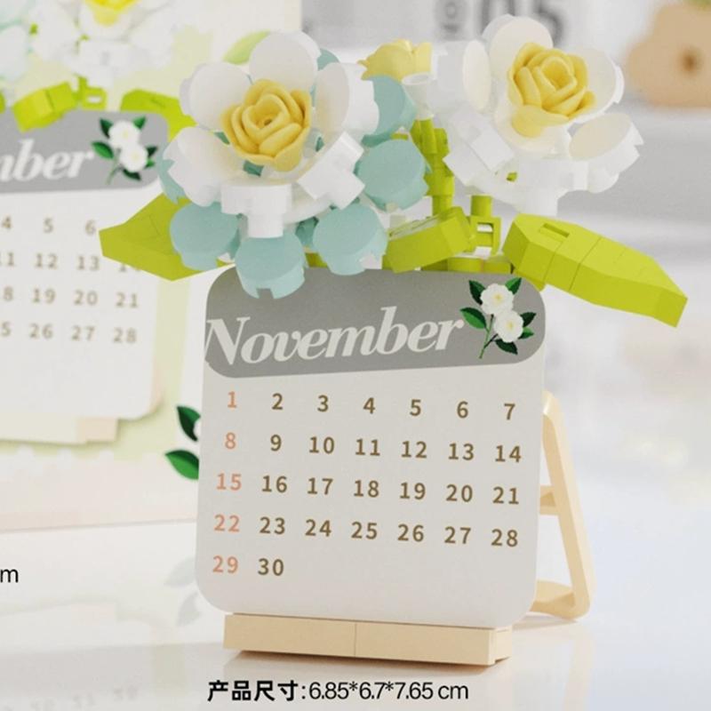 Latest Diy Calendare Time Date Flower Rose Sunflower Phalaenopsis Plum Blossom Construction Blocks Kit  Blocks Model Kids Plaything Gift
