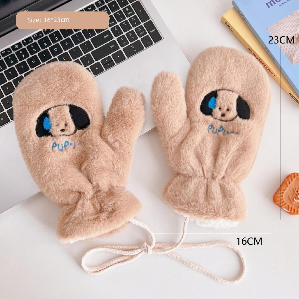 Japanese and Korean Cartoon Gloves, Autumn and Winter Fleece-Lined, Cute Chacha Bear Full-Finger Neck-Hanging Thickened Windproof Warm Casual Plush
