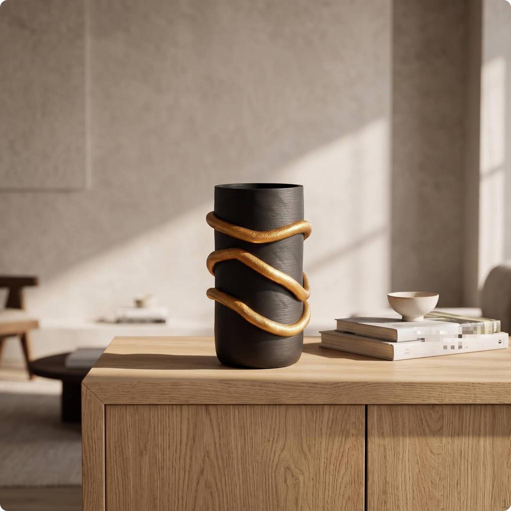 resin Vase with Snake Detail Matte Black Decorative Decor for Living Room, Hotel Foyer