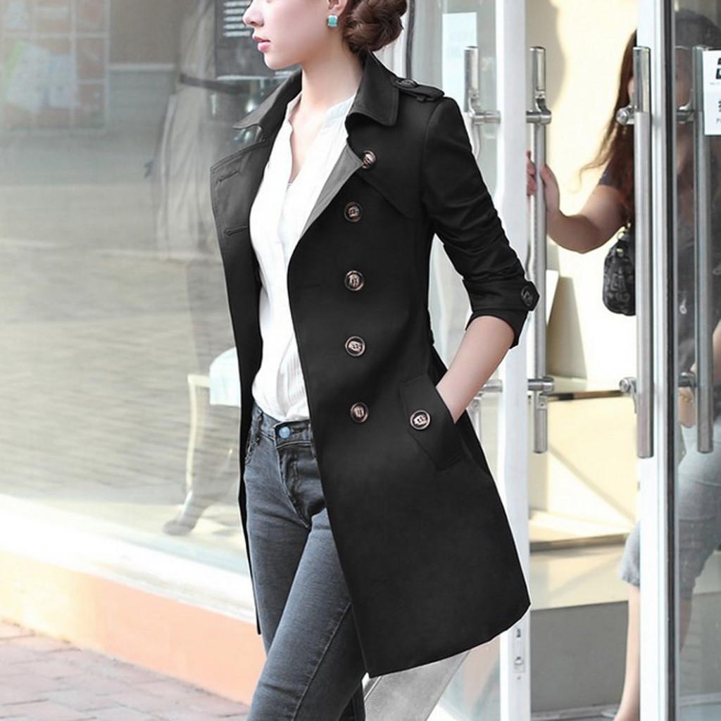 Women Slim Windbreaker Double Breasted Long Trench Coat Jacket Overcoat Outwear