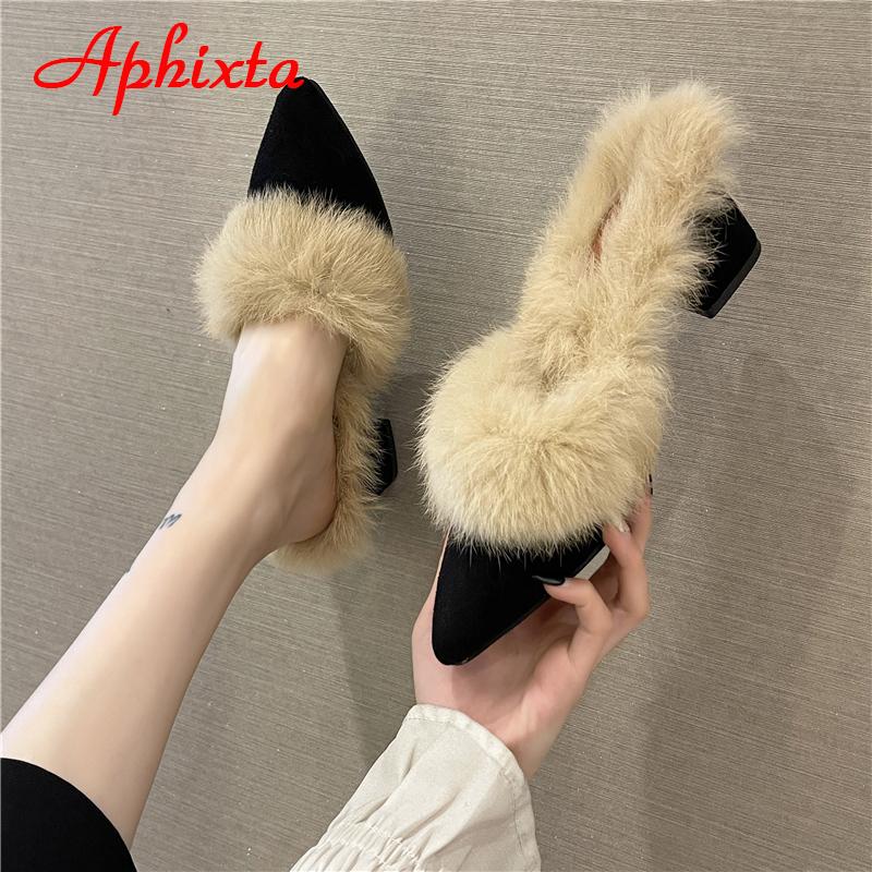 Aphixta Warm Real Rabbit Hair Slippers Women Shoes Winter Pointed Toe Luxury Real Fur Square Heel Lady Mujer Indoor Slides