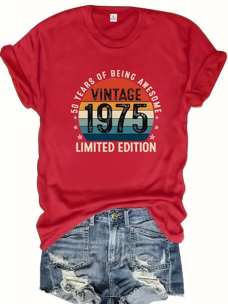 Vintage 1975 Limited Edition Damen T-Shirt Lässig Rundhals Kurzarm Top Ganzjahres Regular Länge T-Shirt mit Allover Alphabet Print