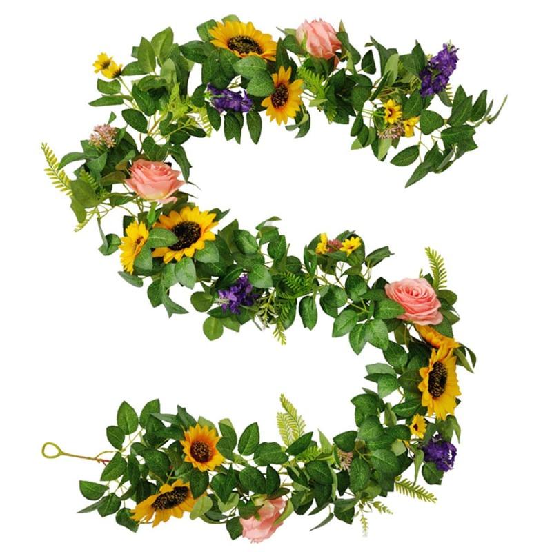 

190см Искусственный цветок Подсолнухи Розы Гирлянда Настоящее прикосновение Искусственная листва Зелень Лоза со смешанными цветами для украшения стола Свадебная арка разноцветный