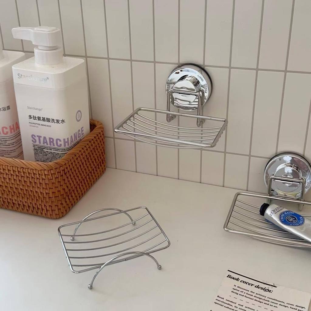 Suction Cup Soap Dish No Drill Wall Mounted Drainage Rack Bathroom Soap Holder Stainless Steel Grid Organizer For Home Bathroom