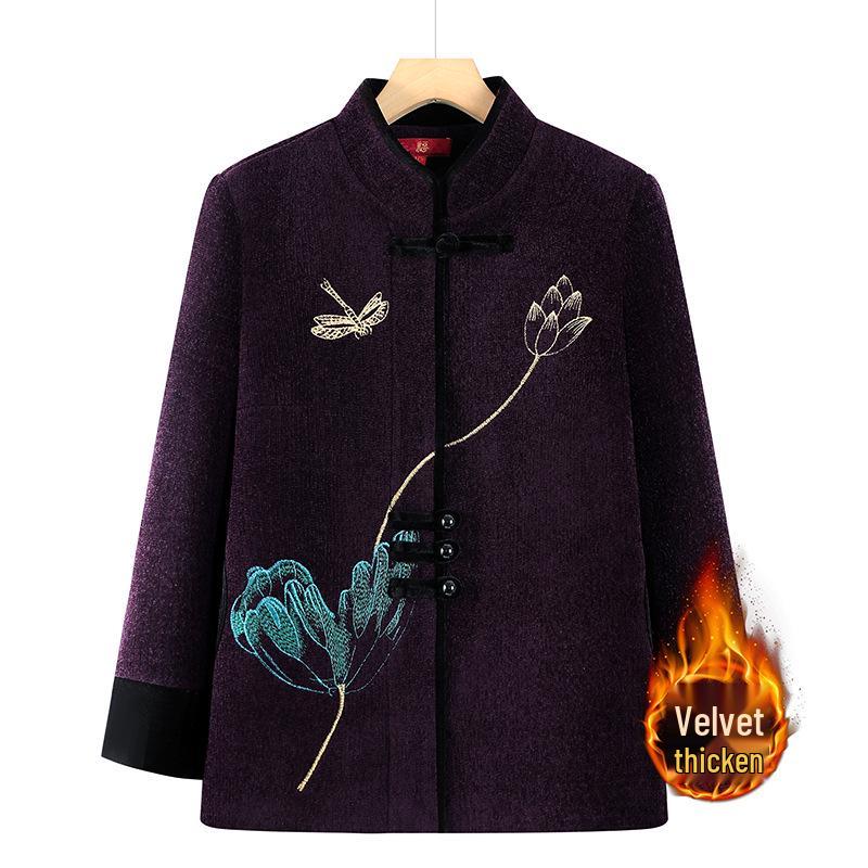 2025 Embroidered Woolen Coat for Elderly Women (Aged 60-80) - Plus Velvet Winter Style