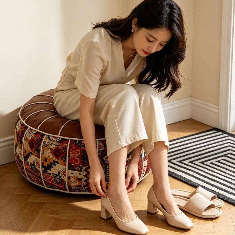 PU Leather Footstool Cover Boho Pattern Storage Ottoman New Round Pouf Cover Living Room