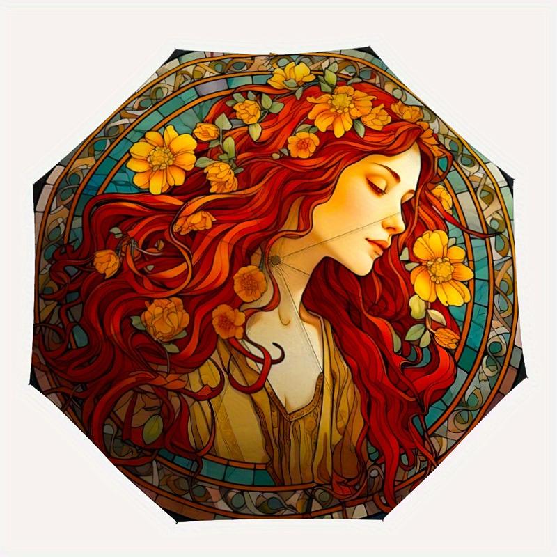 

1pc Floral Portrait Automatic Open/close Folding Compact Umbrella, 8-Rib Sturdy Canopy, Lightweight Portable, Everyday Use, Gift,127
