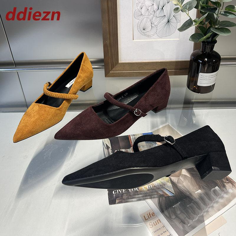 Fashion Fashion Shallow Ladies Medium Heels Pumps Shoes Female Buckle Strap Footwear Flock Women Heeled Mary Janes Shoes 2025 New New