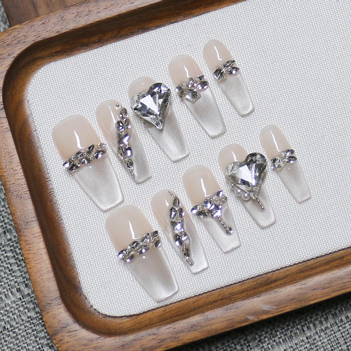 Handmade Cat Eye Glitter Gradient Nails with Rhinestones & Pearls Small