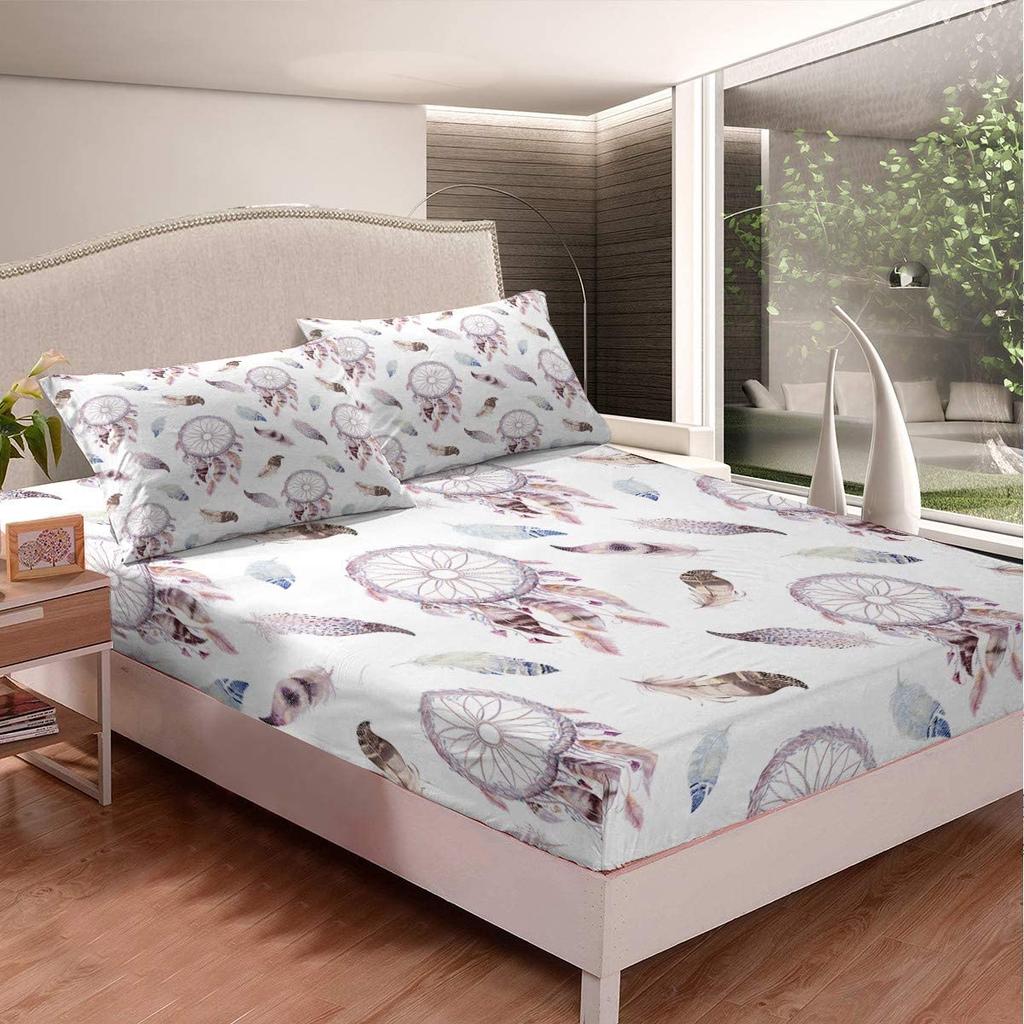 Dreamcatcher Fitted Sheet Boho Mandala Bedding Set with 2 Pillowcases Purple Dream Catcher Bed Sheet Set Bedding Elastic Pocket