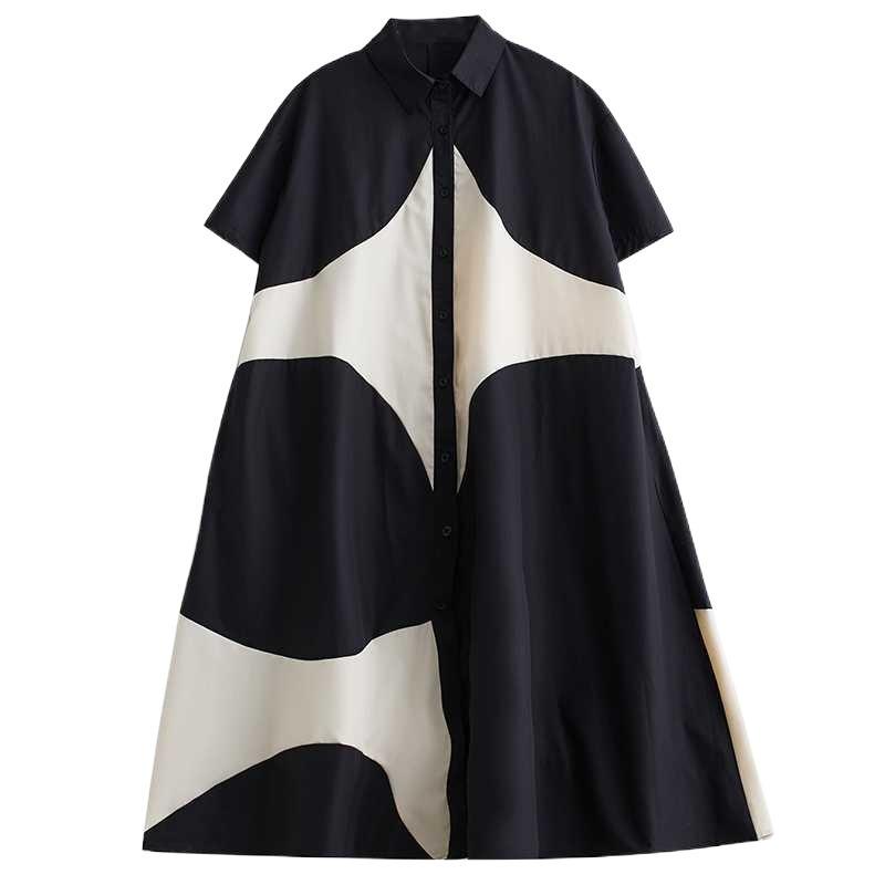 Summer Style Loose Large Size Print Splicing Casual Simple Sweet Short-sleeved Dress
