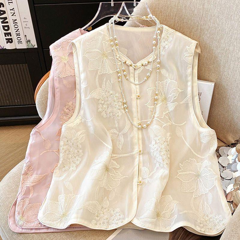 

Женский жилет Eugen yarn летний тонкий жилет с ретро-пряжкой, вышитый жилет 3XL (recommended 138-75kg) абрикосовый