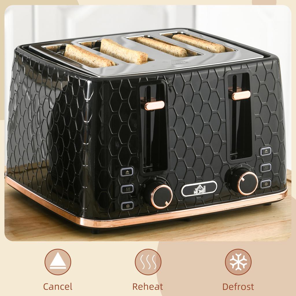 4 Slice Toaster with 7 Browning Levels, High Lift, Reheat/Defrost/Cancel, Self-centring Function, Removable Crumb Tray, Auto Off, 1600W