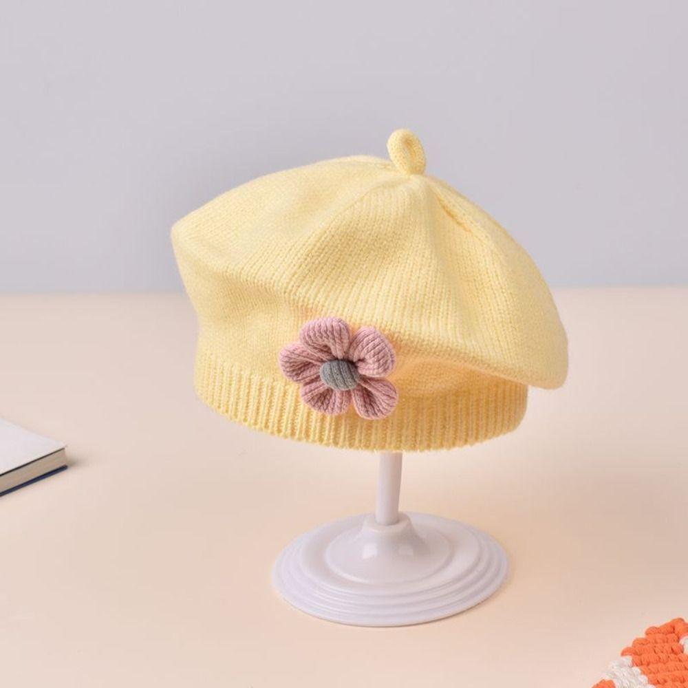 Cute Flower Baby Beret Hat Winter Warm Korean Knitted Beanie Cap Artist Solid Color Artist Painter Caps For Infant Girls