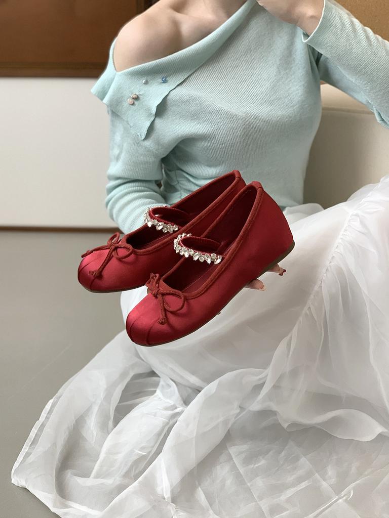 Inner height increase 4CM Mary Jane single shoes women's shoes spring and summer red rhinestone ballet evening shoes