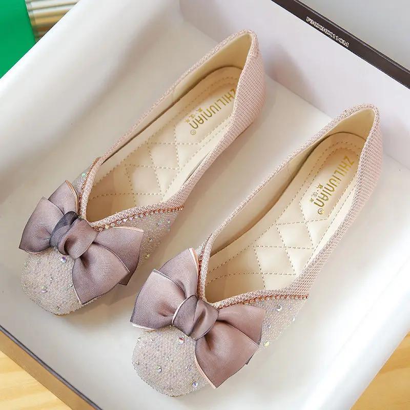 Rhinestone With Bow Crystals Non Slip Woman Flats Diamond Shoes for Women Comfortable and Elegant Summer a Spring Popular