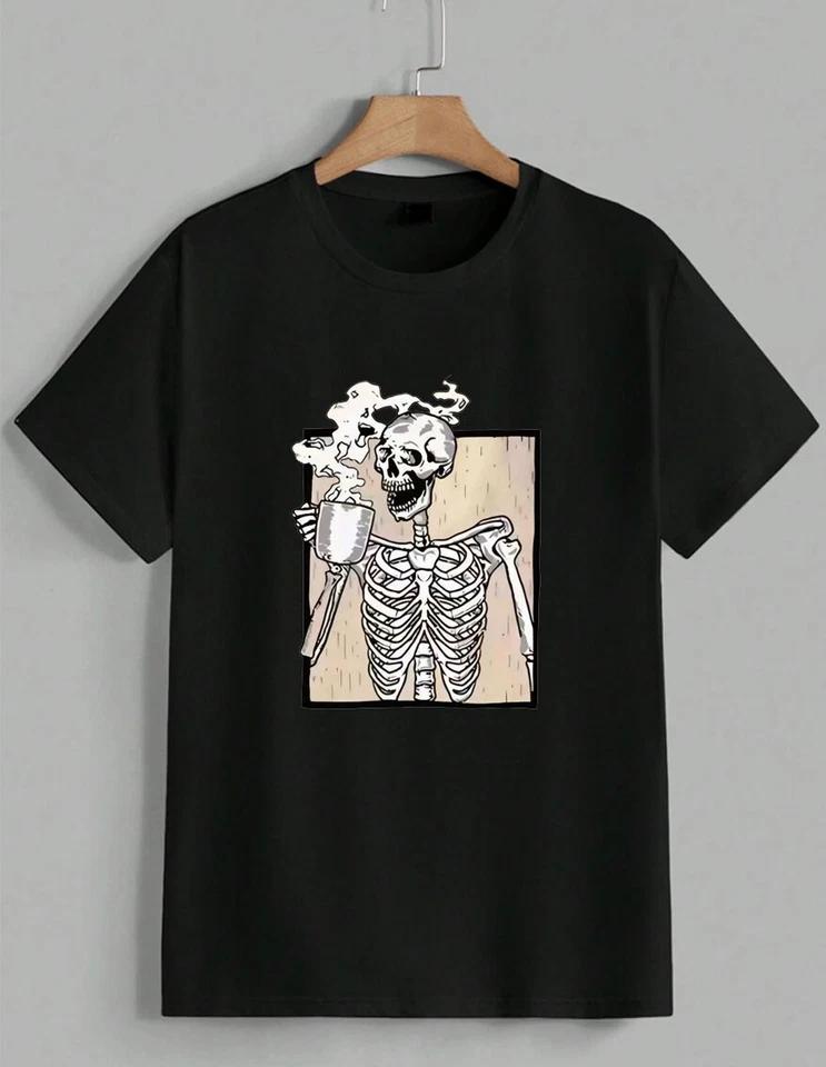 Skeleton Drinking Coffee T-Shirt Funny Skull Graphic Tee Morning Humor Unisex 1 M