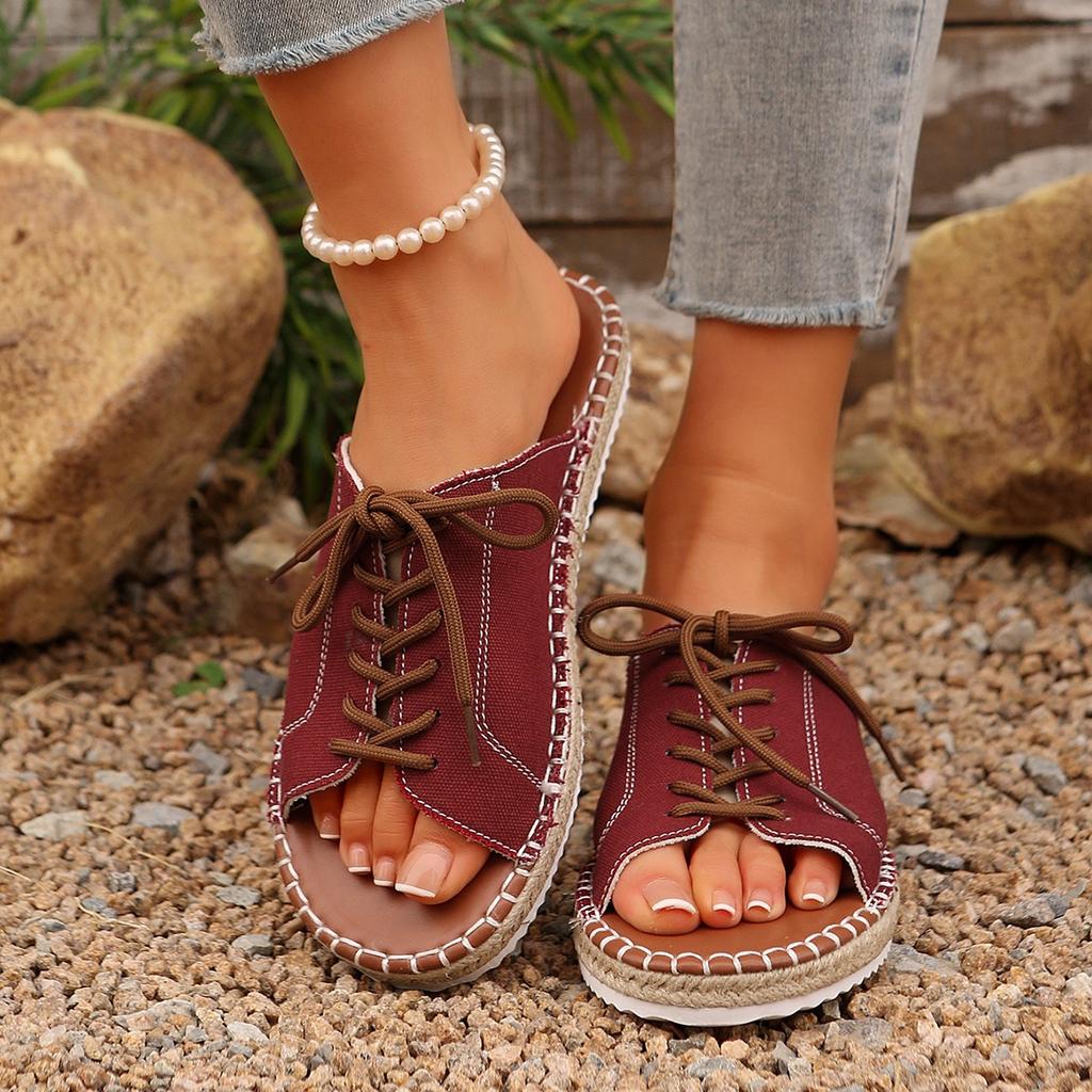 Women's Fashion Slippers Spring New Round Head Open Toe Front Lacing Soft Soles Anti-slip Wear-resistant Flat Shoes