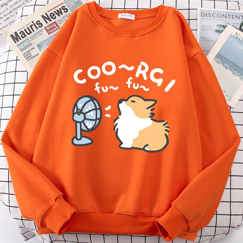 Womens Wind Blowing Corgi Dog Fun Cute Print Cartoons Sweatshirt Women Crewneck Pullover Casual Japan Loose Hoodie S
