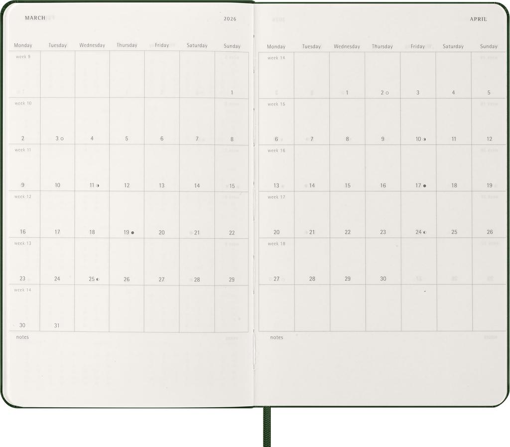 Moleskine 2026 Weekly January Large Size W x 21cm Myrtle DHK1512WN3Y26 Planner, 12-Month Diary, Start, (13cm H), Hardcover, Green,
