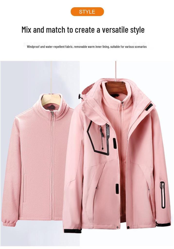 Unisex Water-Repellent 3-in-1 Jacket with Detachable Layers, Velvet Lining, Windproof & Waterproof for Autumn/Winter.