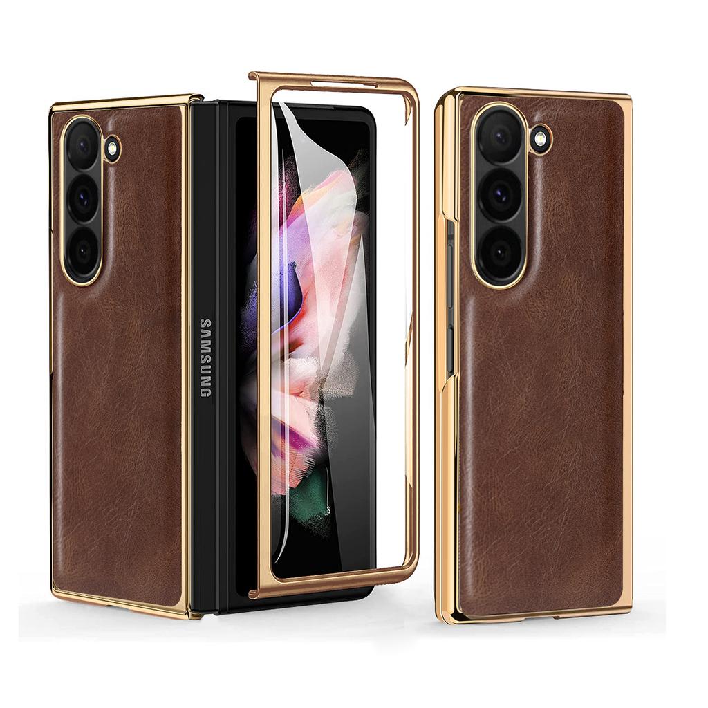 VIETAO Crazy Horse Plain PU Leather Mobile Phone Case with Temper Glass for Samsung Galaxy Z Fold 6 Fold 5 Fold 4 Fold 3 Fold 2