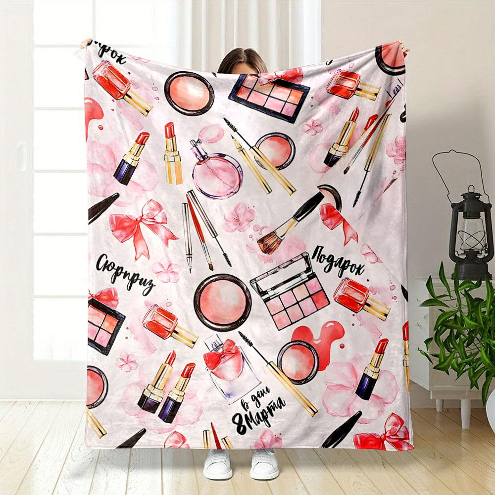 "Pink Makeup and Beauty Illustrations" Patterned blanket, flannel, suitable for all seasons, home decor, warm and cozy