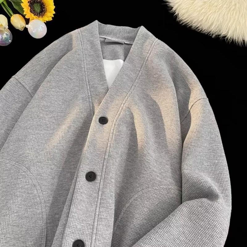

Men s Loose V-Neck Waffle Knit Cardigan - Autumn/Winter Casual Trendy Japanese Style Sweater Large