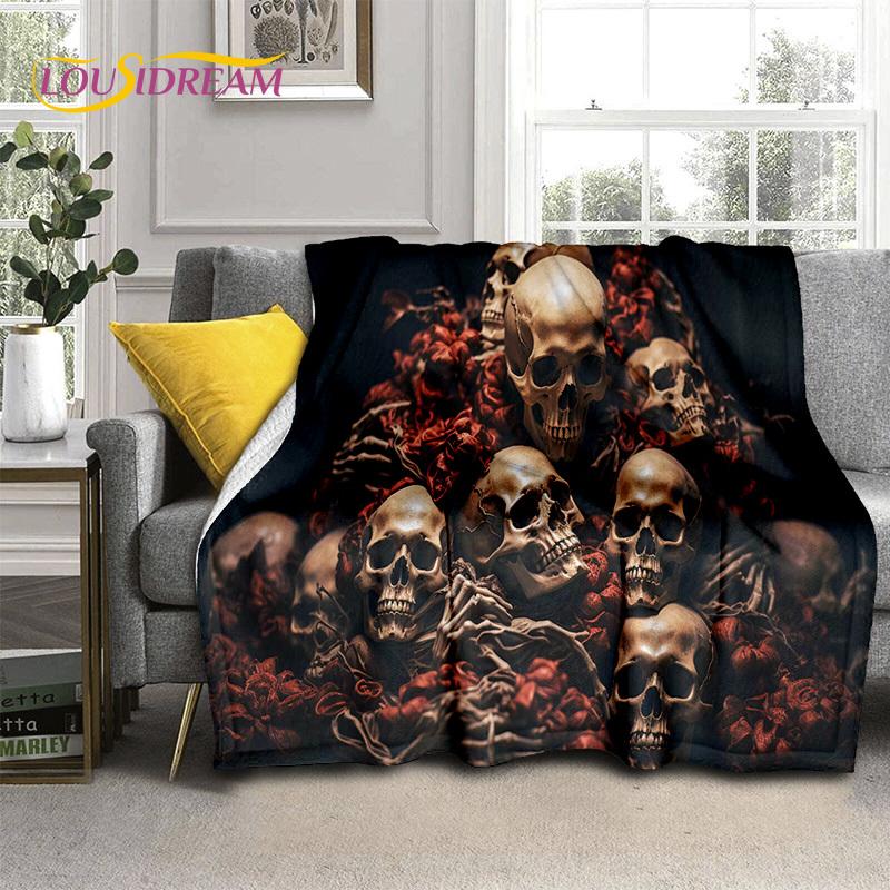 3D Horror Gotycka Czaszka Szkielet Miękkie Flanelowe Kocyki, Koc do Rzucania Wygodny Koc na Piknik Łóżka Kanapę Domową Sypialnię Prezenty