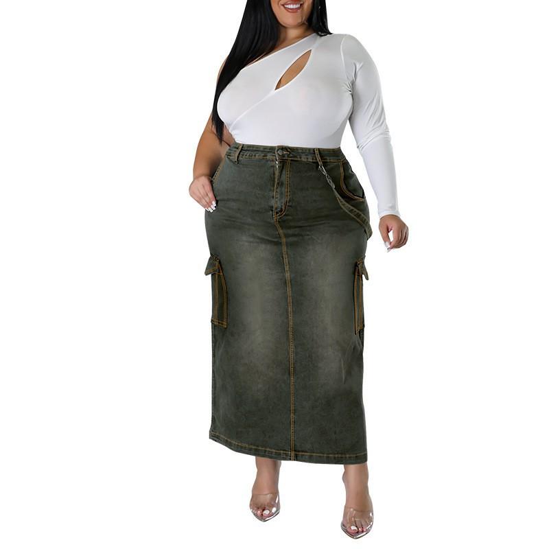 Plus Size Denim Skirt Women With Side Slit Adjustable Strap Midi Long Casual Korean Style