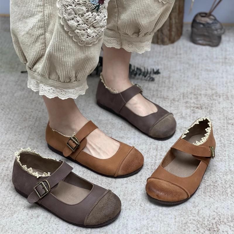 Handmade Genuine Leather Women's Shoes Spring Autumn New Soft Sole Flat Bottom Comfortable Retro Mom Shoes Shallow Mouth