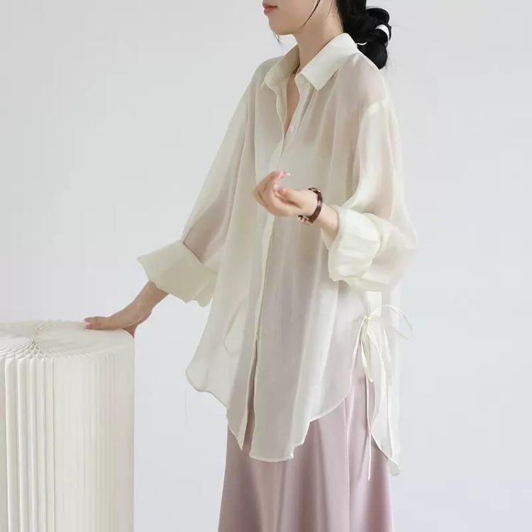 Women Loose Thin Section Tencel Sunscreen Shirt Summer See Through Hitching Outerwear Air Conditioning Cardigan Shaw
