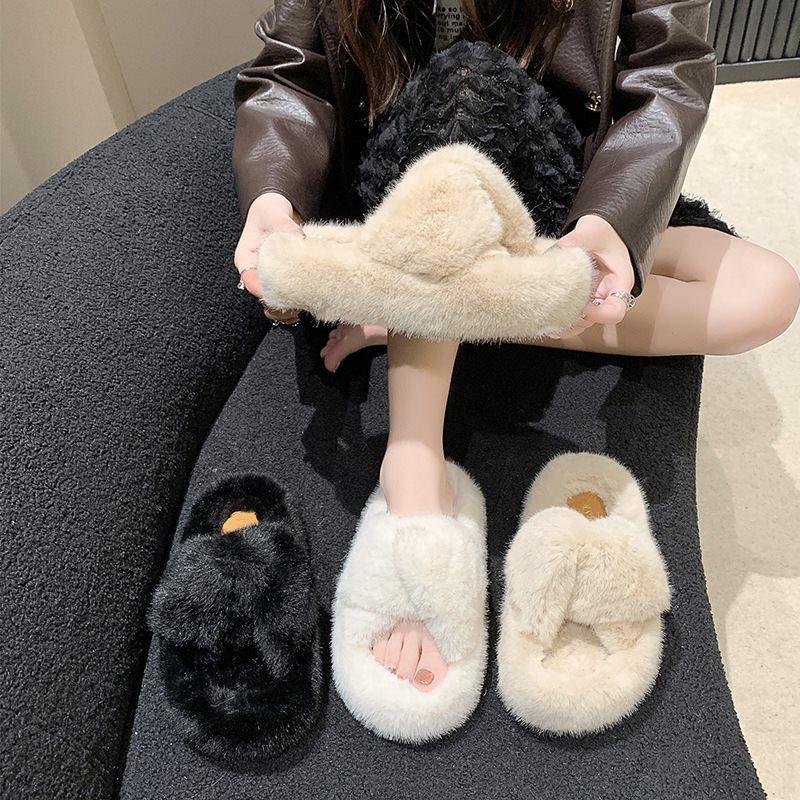 2025 Wear Versatile New Cross Internet Celebrity Fluffy Slippers Thick Bottom Women's Cotton Drag Fashion Autumn and Winter
