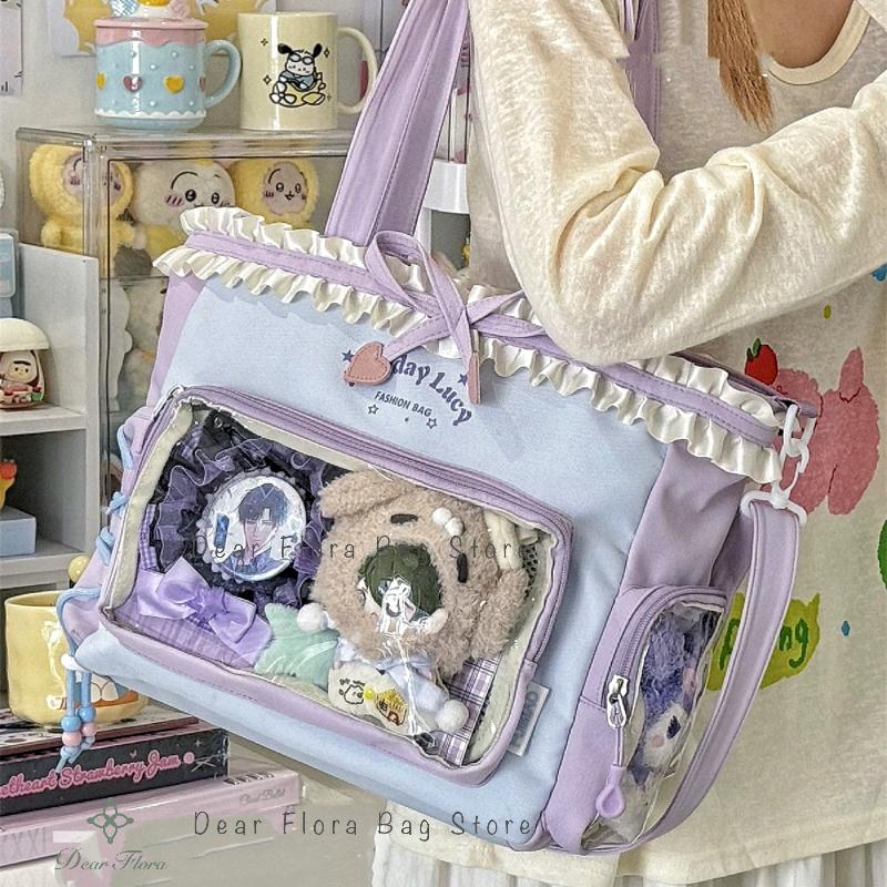 New Fashion Sweet Ita Bag Lolita Girl Transparent Shoulder Bag Women Large Capacity Ribbon Bow Tote Bag Cute DIY Display Handbag
