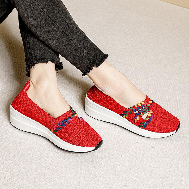 STRONGSHEN Spring Women Handmade Woven Shoes Wedge Sandals Platform Shoe Women Slip On Breathable Loafers Women Footwear