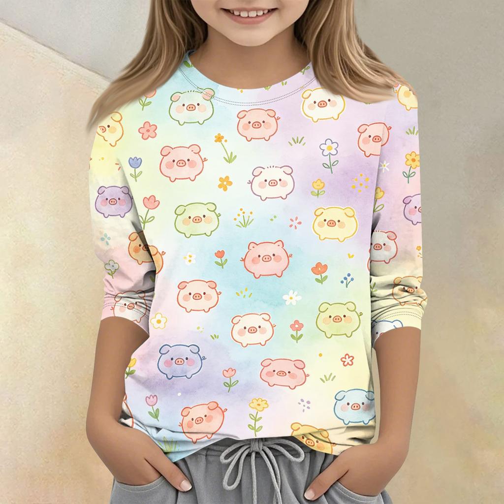 Kids Animal Print Casual T Shirt Crew Neck Three Quarter Sleeve Soft Comfortable Fit Lightweight Fabric for Everyday Wear