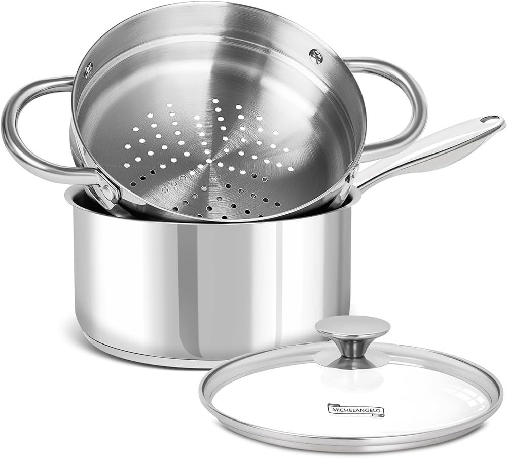 MICHELANGELO 304 Stainless Steel Pot/cooking Pan with Steamer Set, Suitable for All Stoves and Ovens, Dishwasher Safe