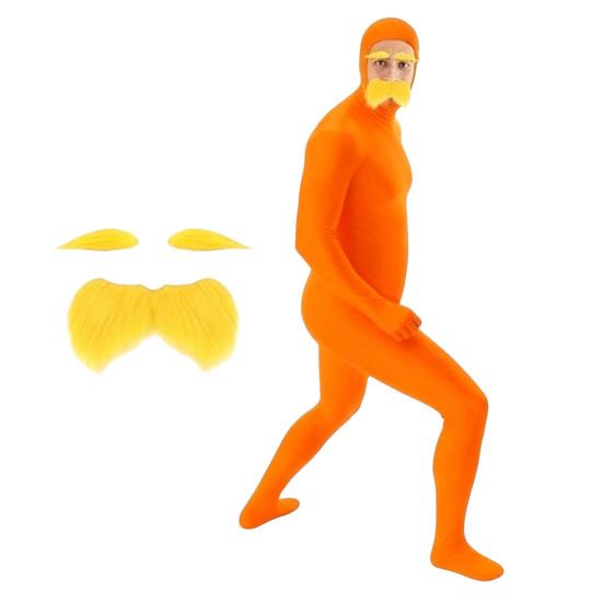 Xiaobudian Face Open Halloween Costume, Unisex Full Body Orange Bodysuit with Beard Eyebrows for Men Women, Adult Stretchy Cosplay Jumpsuit Party
