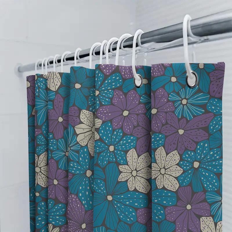 Floral Shower Curtain Blue Purple Design For Bathroom Decor Waterproof Fabric Splash Backdrops Decoration With Rod Pocket Rings
