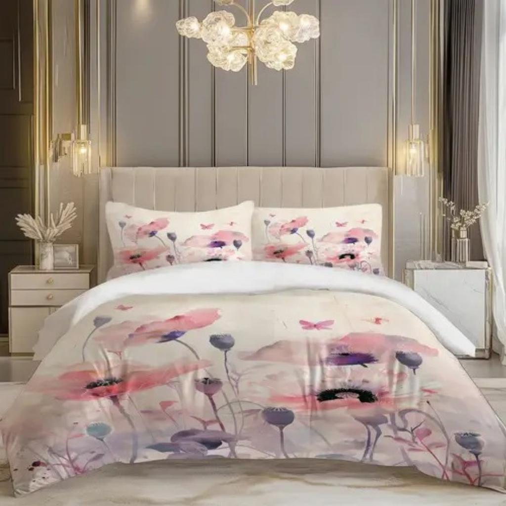 Dopamin Buntes Blumenmuster Romantischer Bettbezug Queen King Size Frühling Blumenmuster Bettwäscheset Raumdeko 3-teiliges Set Ohne Steppdecke