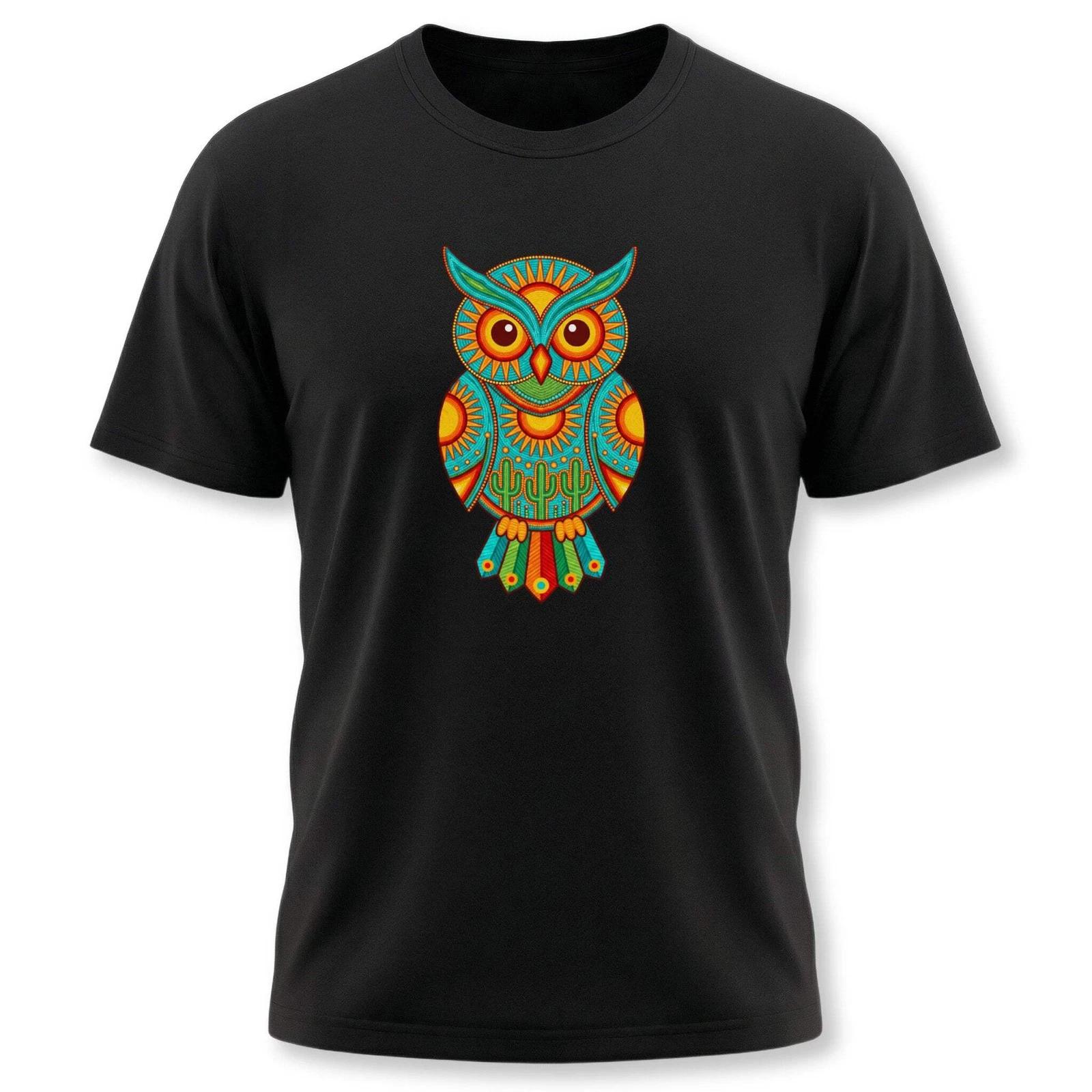 Huichol Owl T-Shirt | Vibrant Mexican Folk Art Cactus Desert Graphic Tee XXXL
